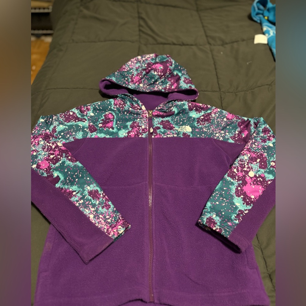 The North Face Girls' Purple Fleece Jacket with Teal & Pink Patterned Yoke
